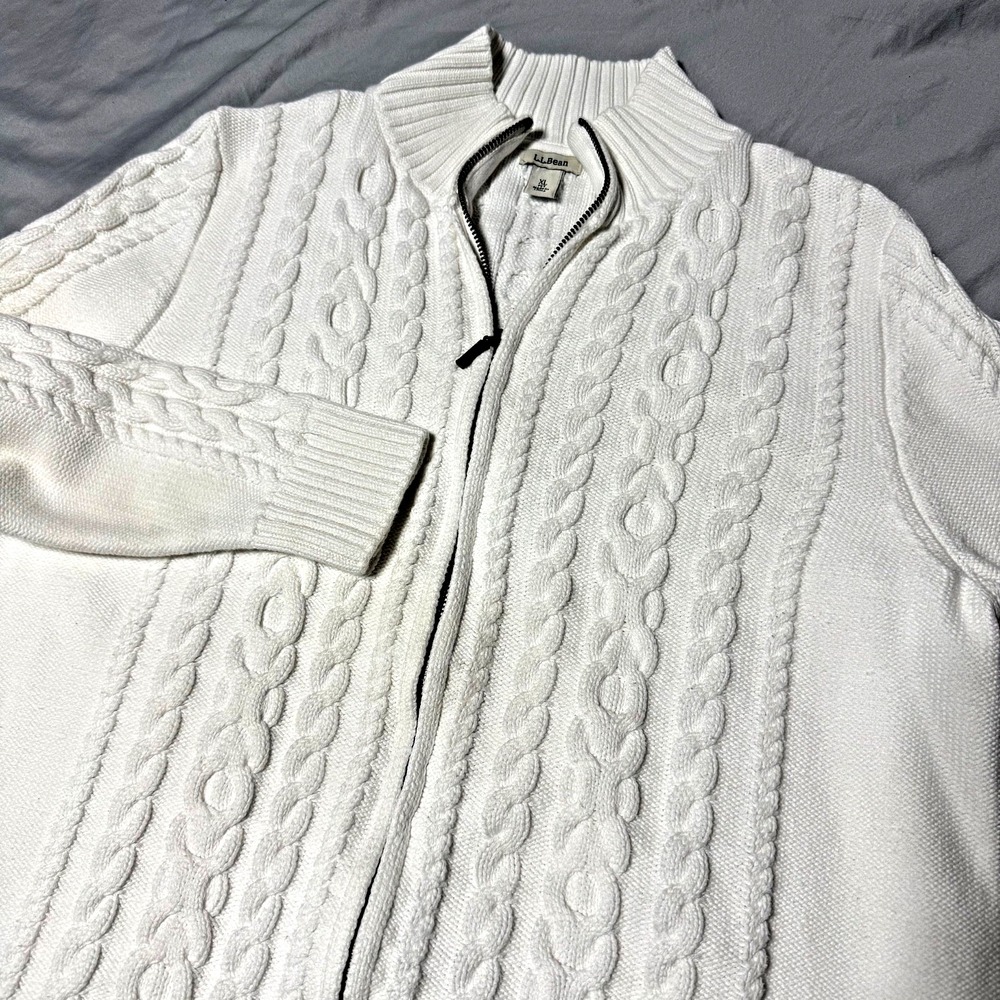 L.L. Bean Cable Knit Cardigan Sweater Women's Size XL Pet. White Full Zip Cotton